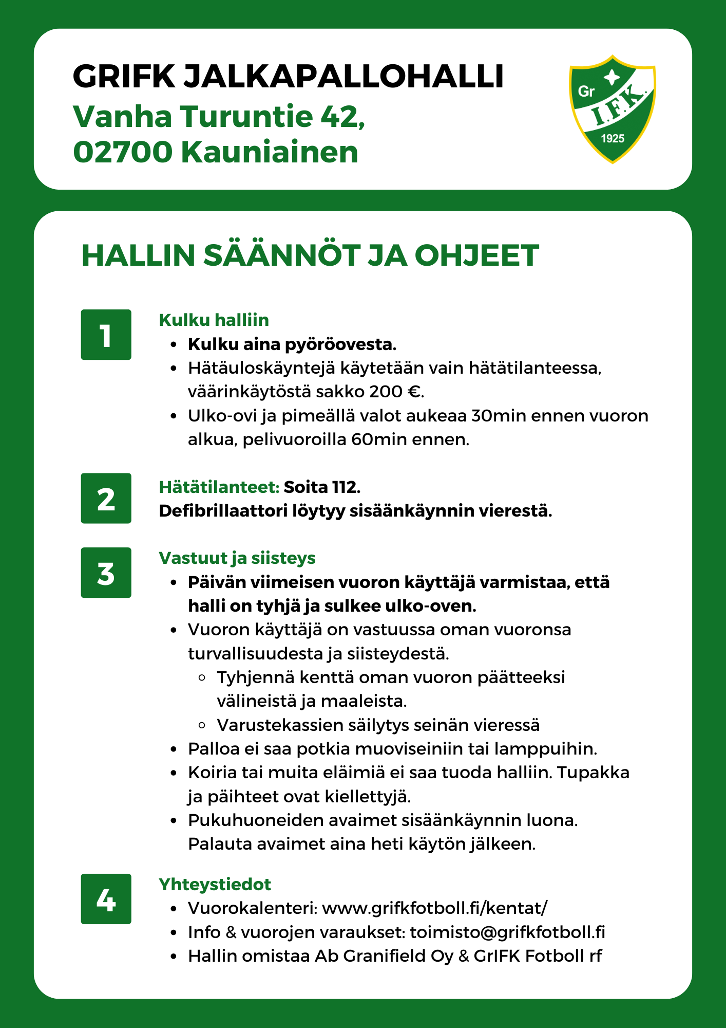 Hallin käyttösäännöt tiivistetysti