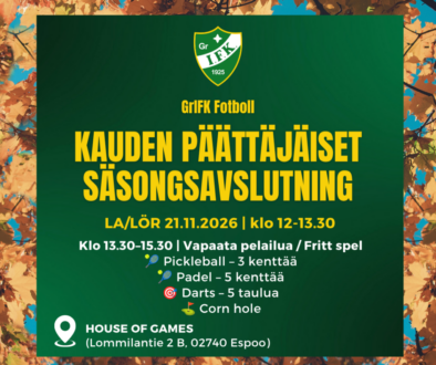 GrIFK Fotbollin kauden päättäjäiset la 21.11.2026 – Tervetuloa!